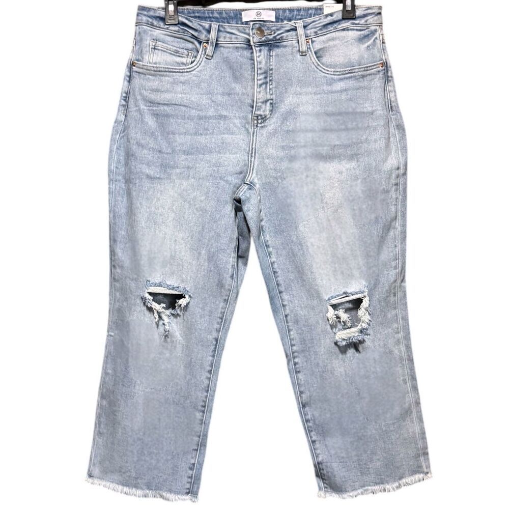 High Rise Tummy Control Cropped Jeans Distressed Light Wash Raw Hem Stretch RFM - Picture 8 of 10